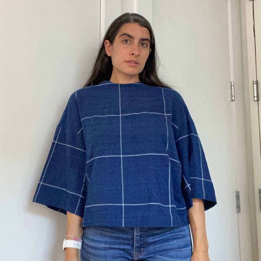 Umber & Ochre May Boxy Top Navy Blue Windowpane S